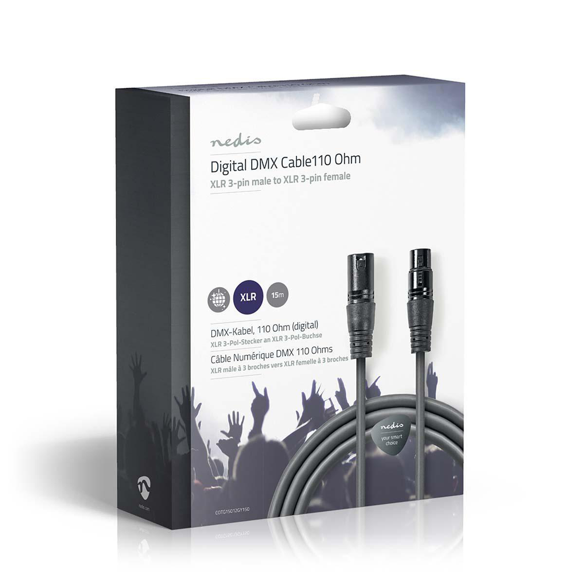 Scatola con cavo DMX. Cavo nero con connettori XLR e illustrazione di una folla sulla scatola.