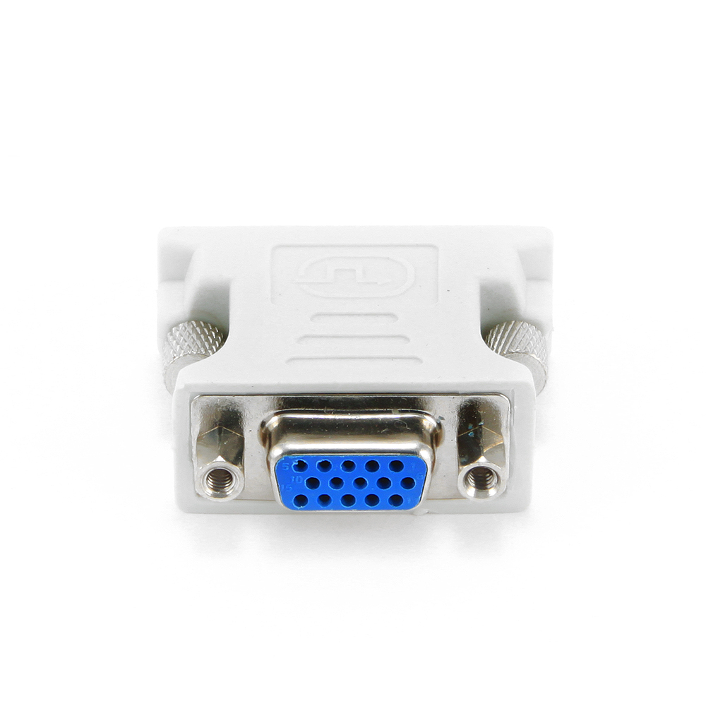 Un adaptador VGA blanco con pines azules. Se usa para conectar monitores a computadoras.