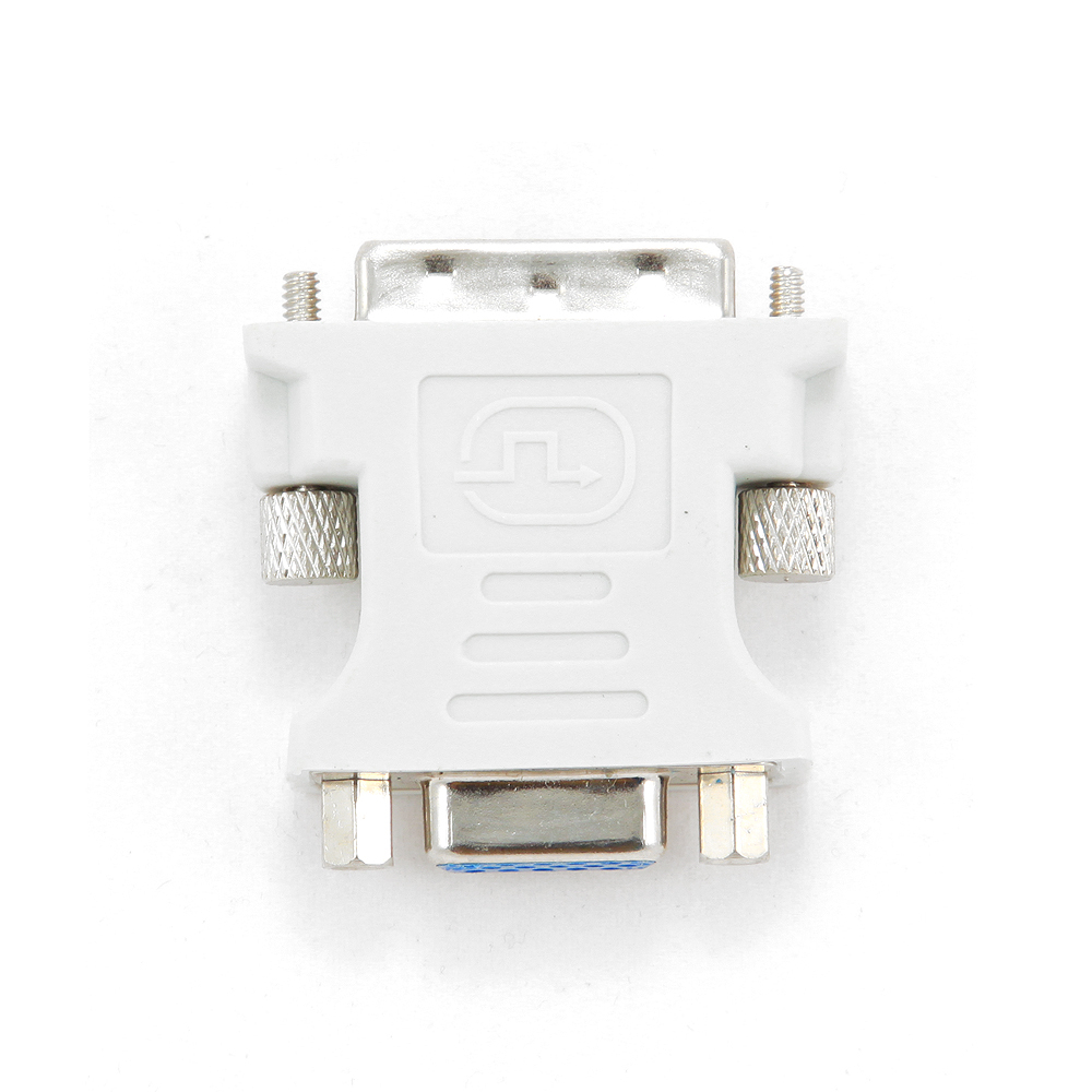 Adaptador DVI a VGA blanco y azul sobre fondo blanco, aislado.