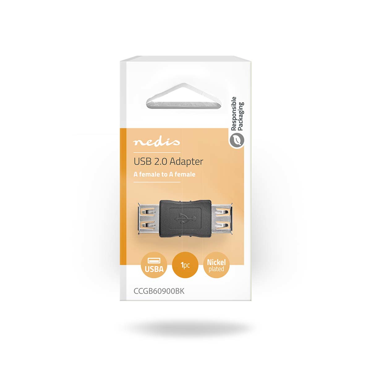 Un adaptateur USB 2.0 noir dans un emballage blanc et orange.