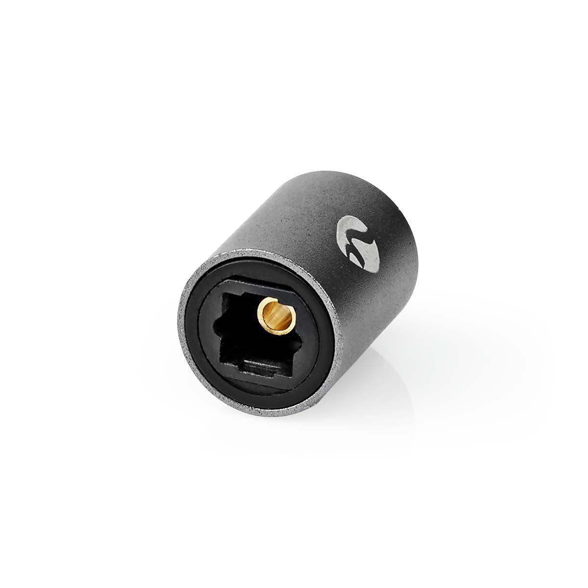 Grauer optischer Audioadapter. Er hat eine zylindrische Form mit einem schwarzen Anschluss und einem Logo.