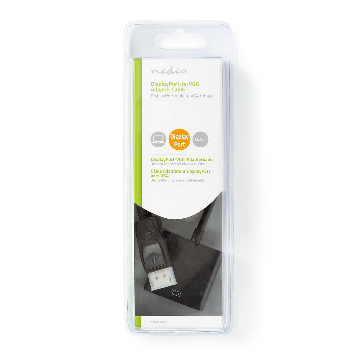 Un pacco di un cavo adattatore DisplayPort-VGA, con testo e grafica sulla parte anteriore.