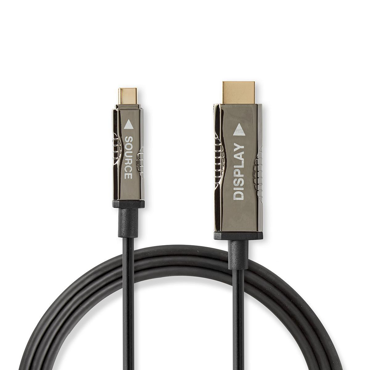 A black cable with two connectors: one for source and one for display. The cable is black.