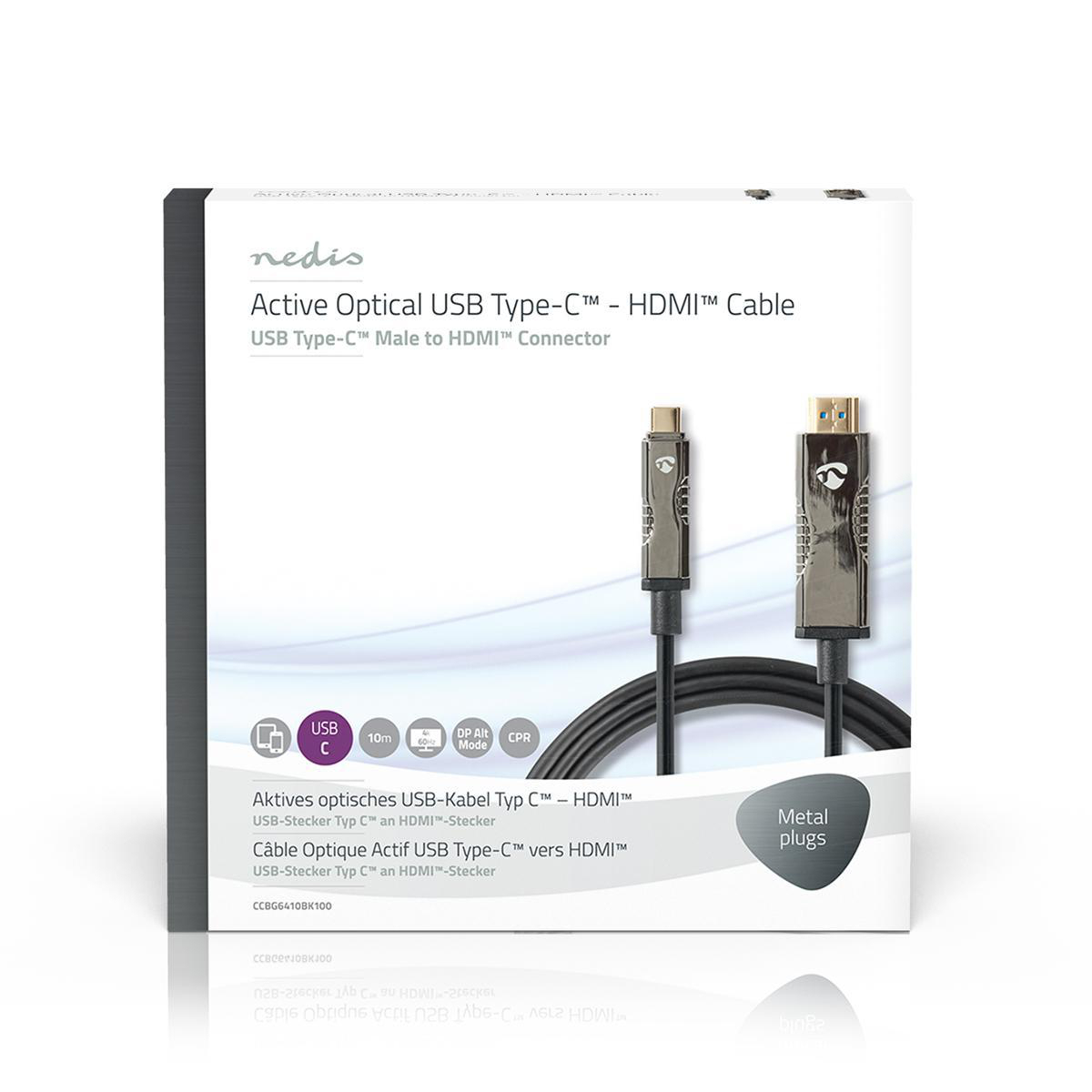 Black and silver USB-C to HDMI cable in a box, with text that says "Metal plugs".