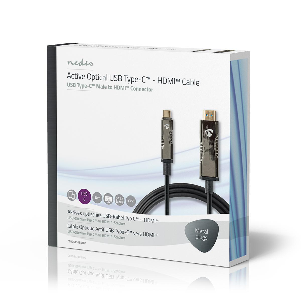 Box with a USB-C to HDMI cable with metal plugs.