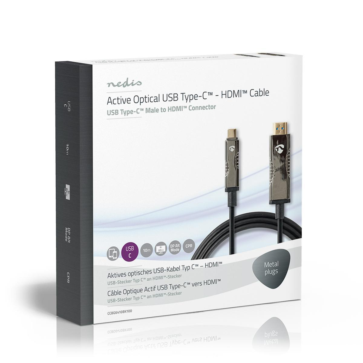 Black and silver cable box labeled 'Active Optical USB Type-C - HDMI Cable'.