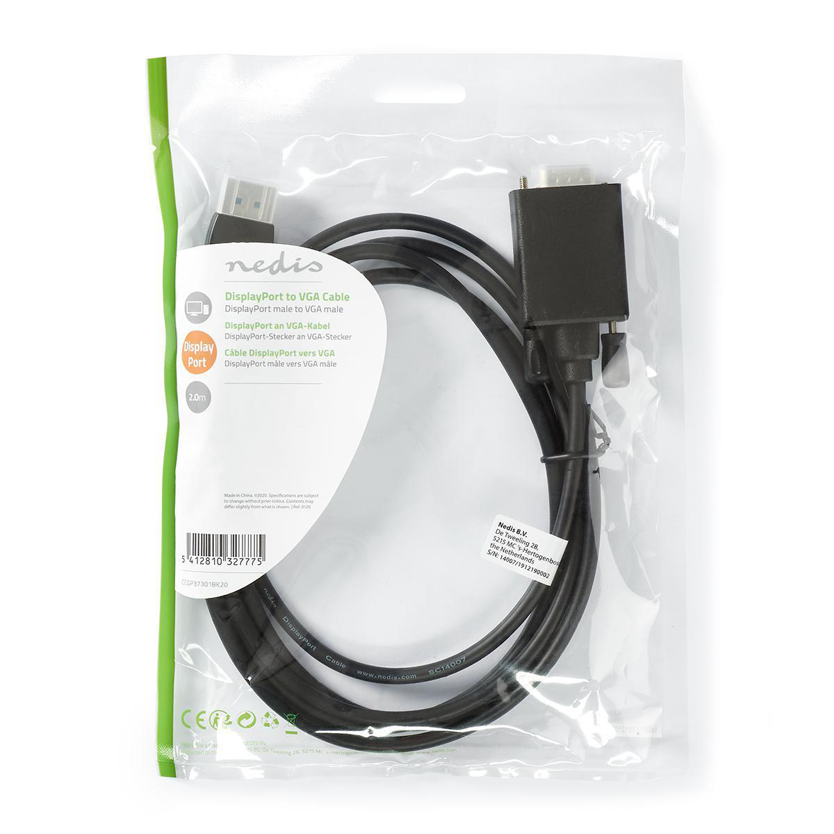 Cavo DisplayPort nero in un sacchetto di plastica. Testo sulla busta. Sfondo bianco.