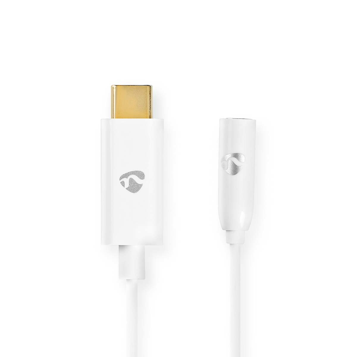 Ein weißer USB-C-zu-3,5-mm-Audioadapter. Das Nedis-Logo ist an jedem Ende.