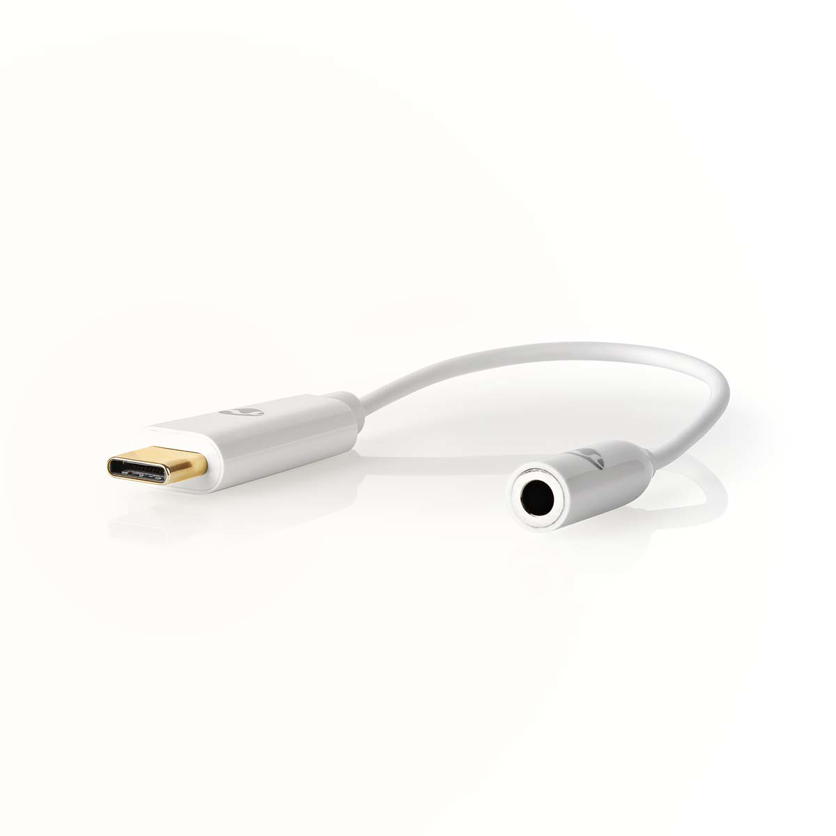 Ein weißer Adapter mit einem USB-C-Anschluss und einer 3,5-mm-Audiobuchse.