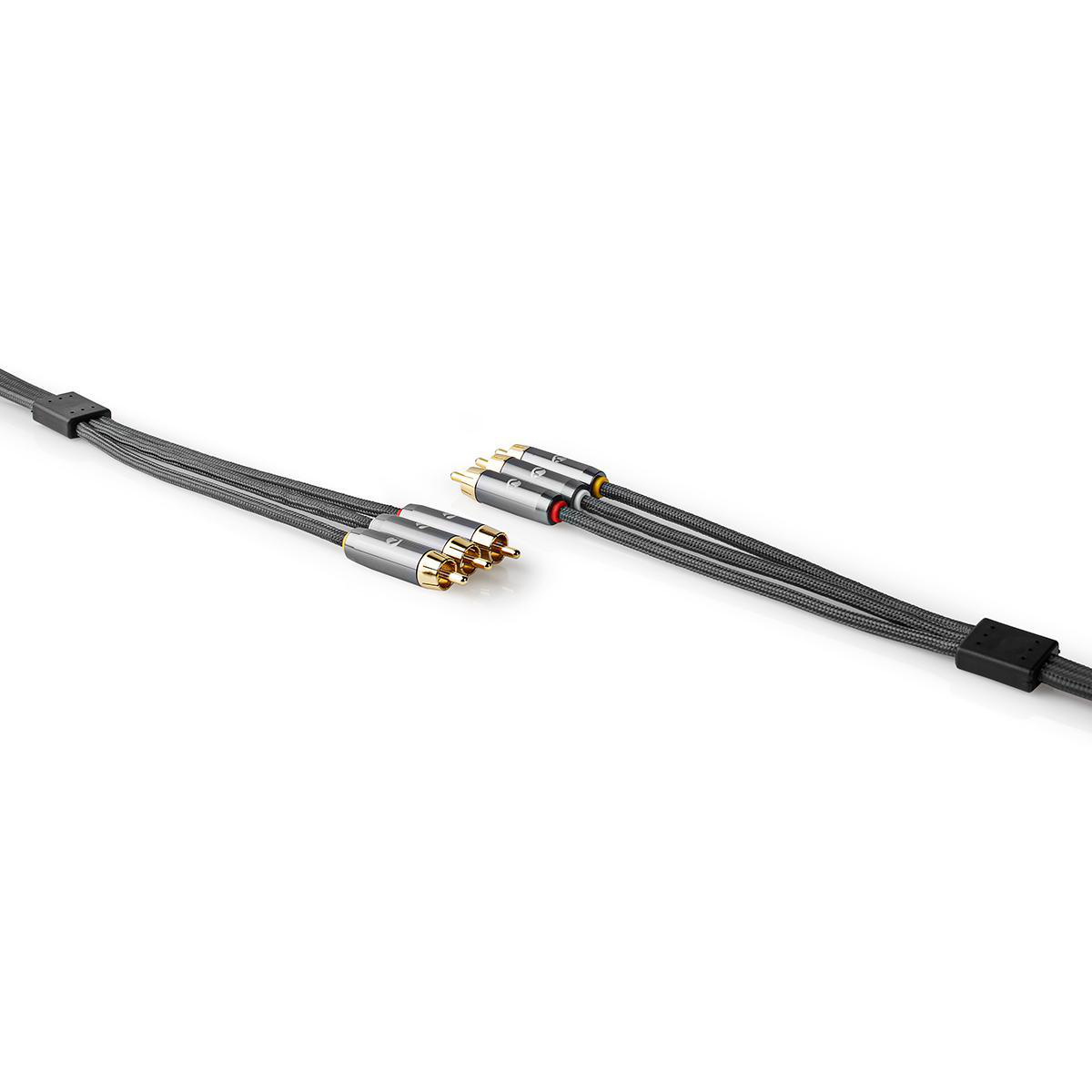 Two audio cables with RCA connectors. One end is red and white, the other is black and gray.