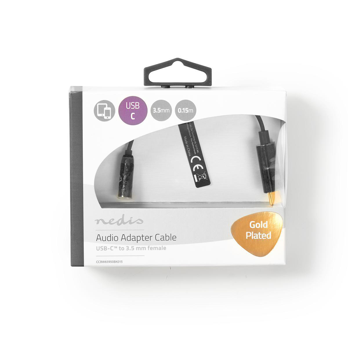 Boîte blanche avec câble adaptateur audio USB-C vers 3,5 mm, connecteur plaqué or.