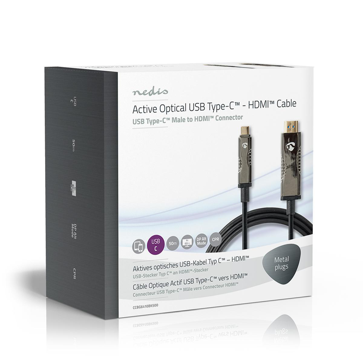 Active Optical USB Type-C to HDMI Cable. Box shows connectors and cable. Gray and black with metal plugs.