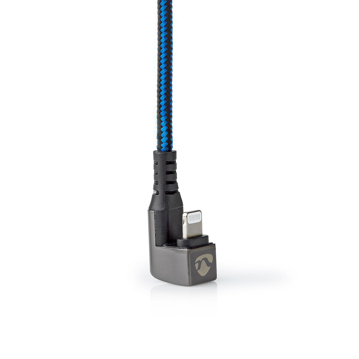 Câble Lightning tressé bleu et noir avec connecteur coudé.