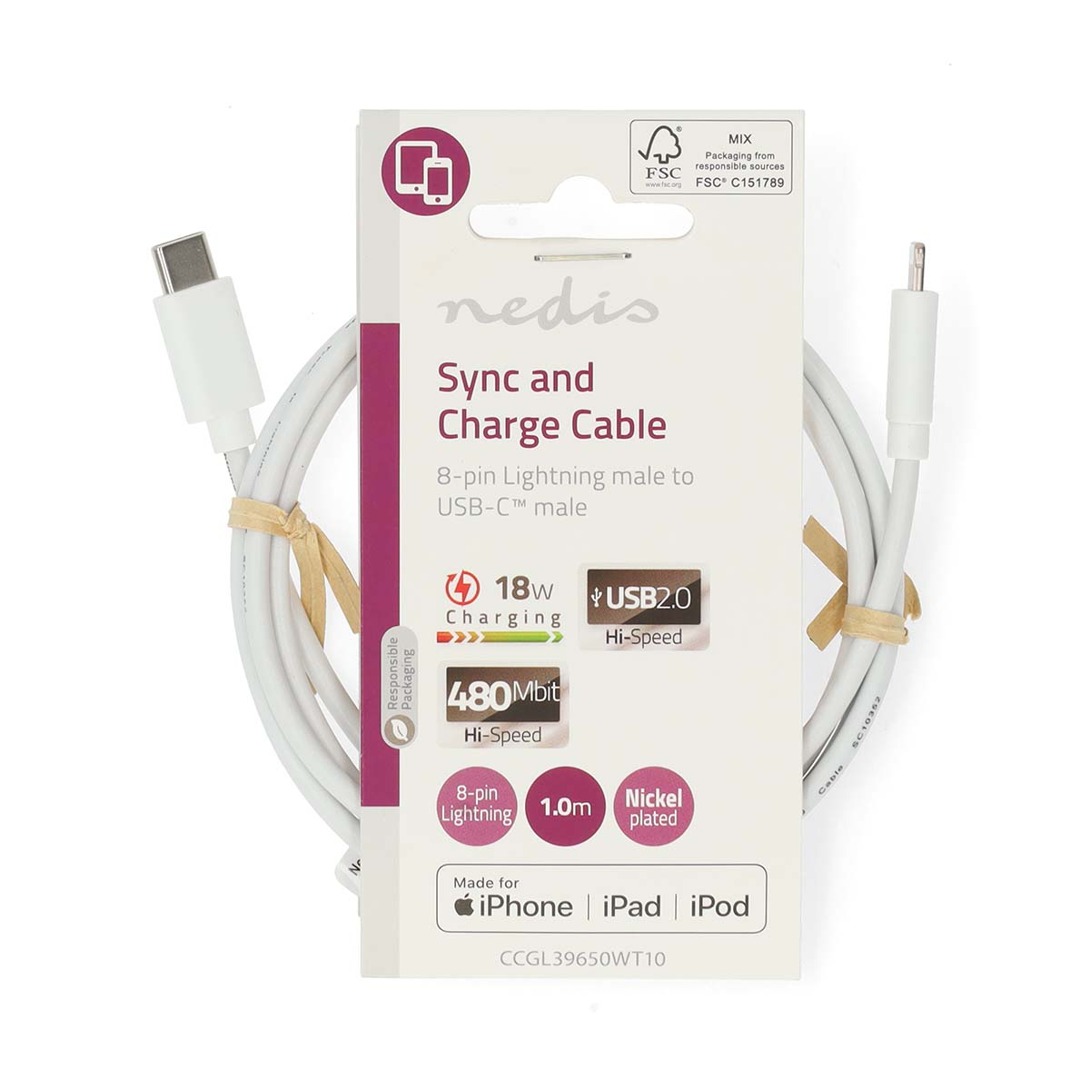 Emballage blanc et marron pour un câble de synchronisation et de charge. Texte et graphiques.