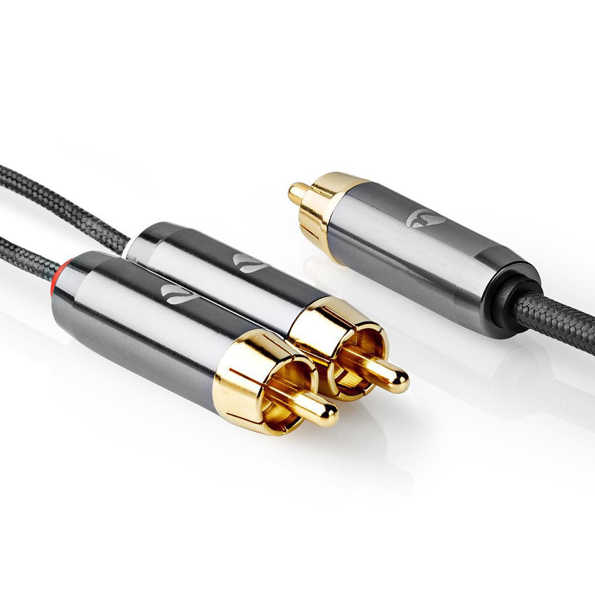Close-up of two RCA audio cables with gold connectors on a white surface.