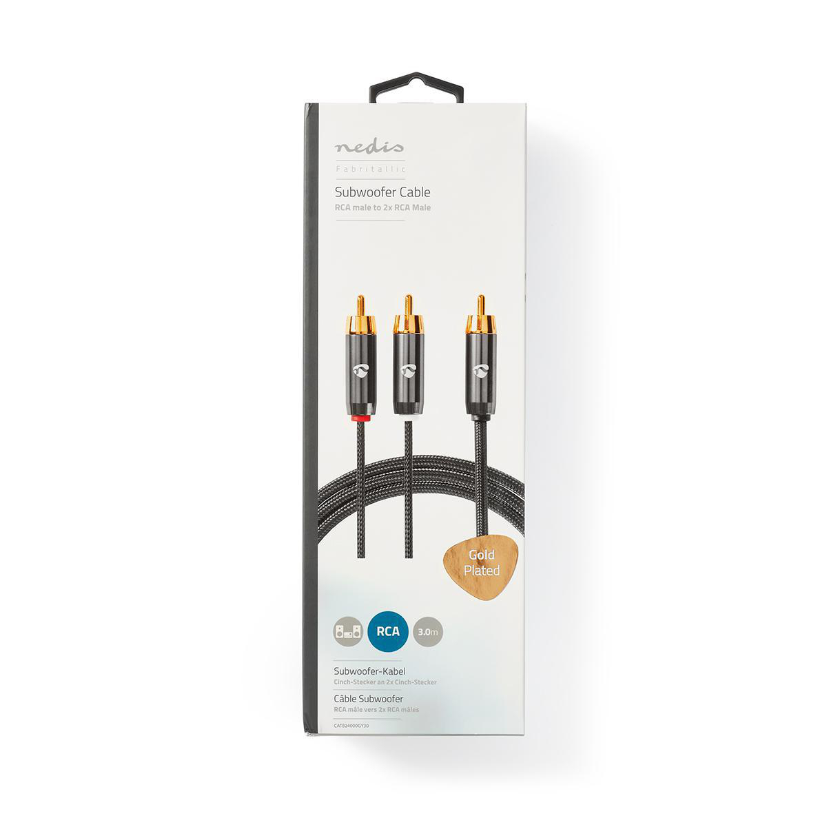 Subwoofer cable packaging showing a cable with gold-plated RCA connectors.