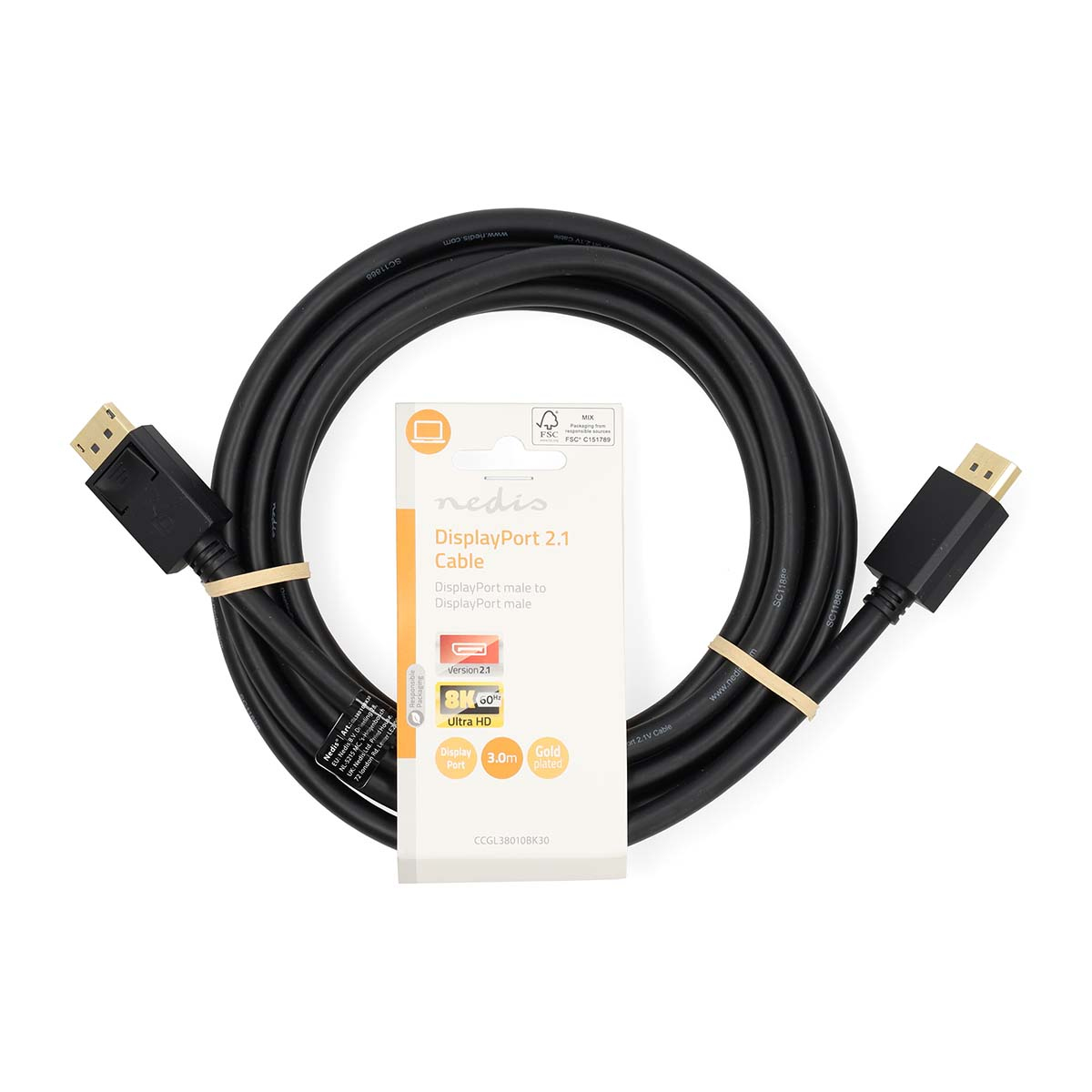 Czarny kabel DisplayPort 2.1 ze złączami i etykietą produktu.