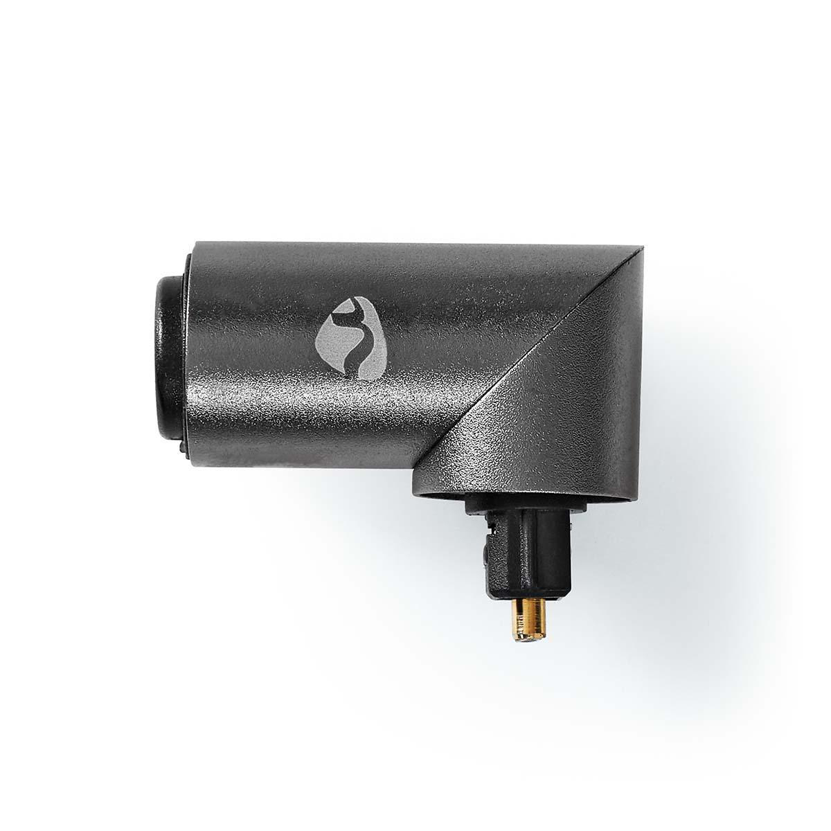 Schwarzes abgewinkeltes Gerät mit Logo, abgewinkeltem Stecker und goldener Spitze. Weißer Hintergrund.