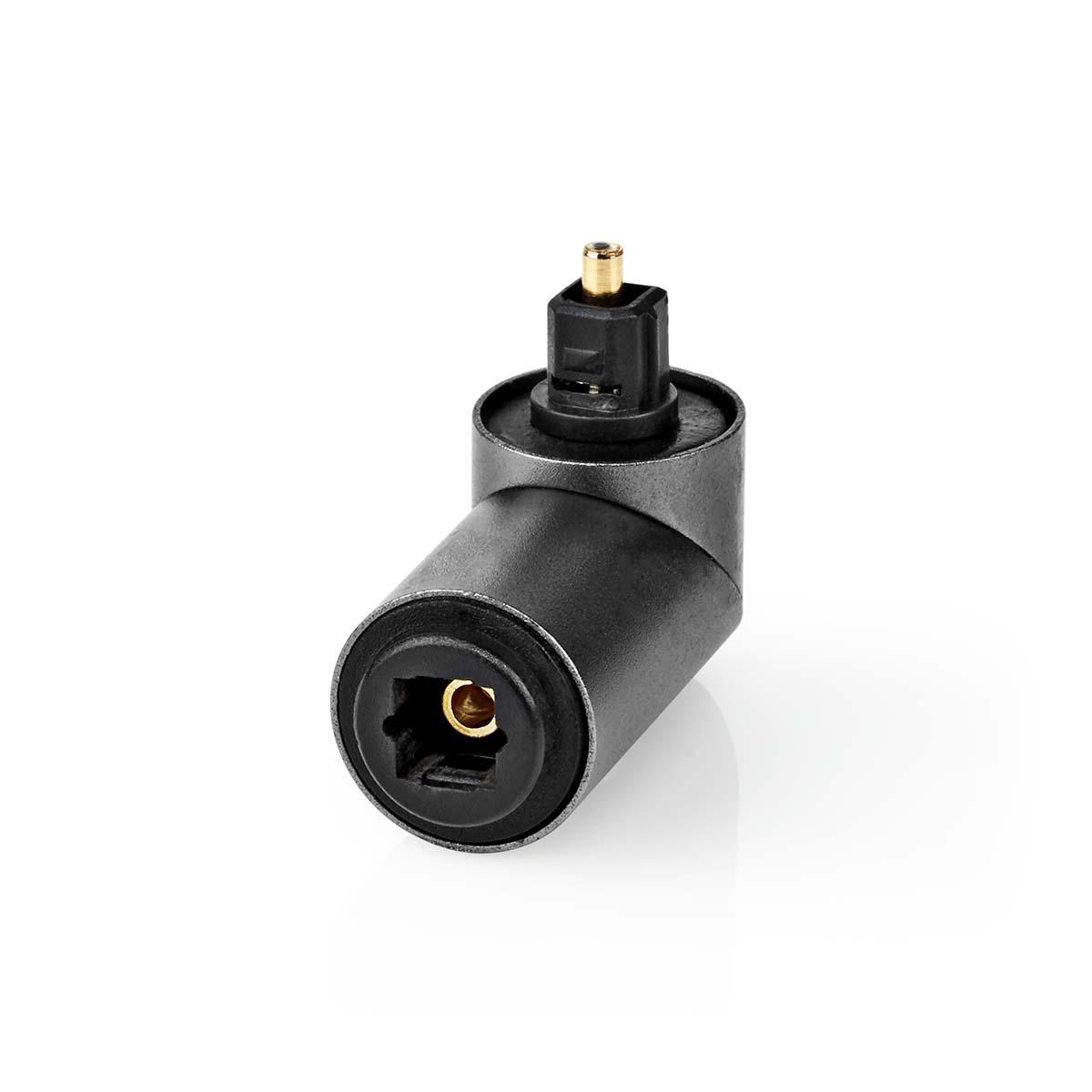 Ein schwarzer und silberner gewinkelter Adapter mit einem goldfarbenen Anschluss oben, auf weißem Hintergrund.