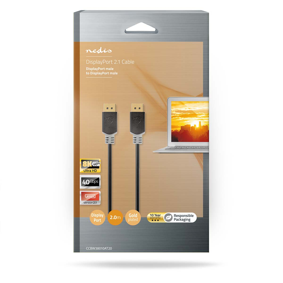 DisplayPort 2.1-kabel in verpakking, zwarte kabel, witte achtergrond, laptopafbeelding.