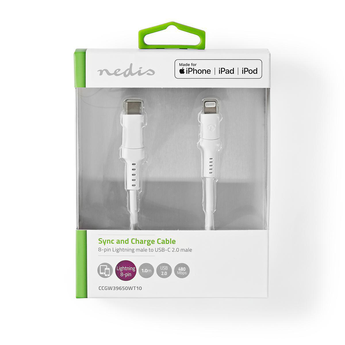 Scatola con cavo Sync and Charge bianco. Lightning 8-pin a USB-C 2.0 maschio.