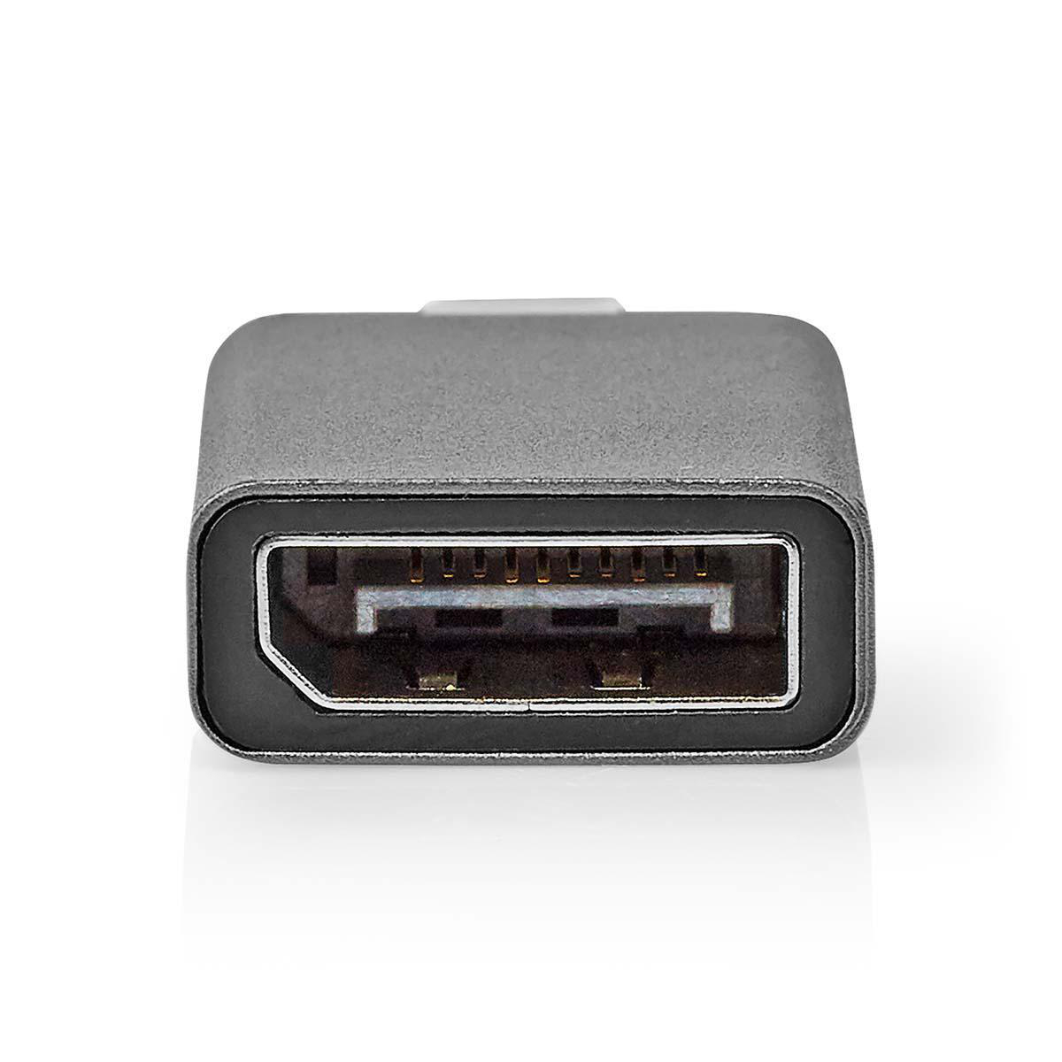 Un adattatore grigio per porta display con porta maschio, in studio su sfondo bianco.