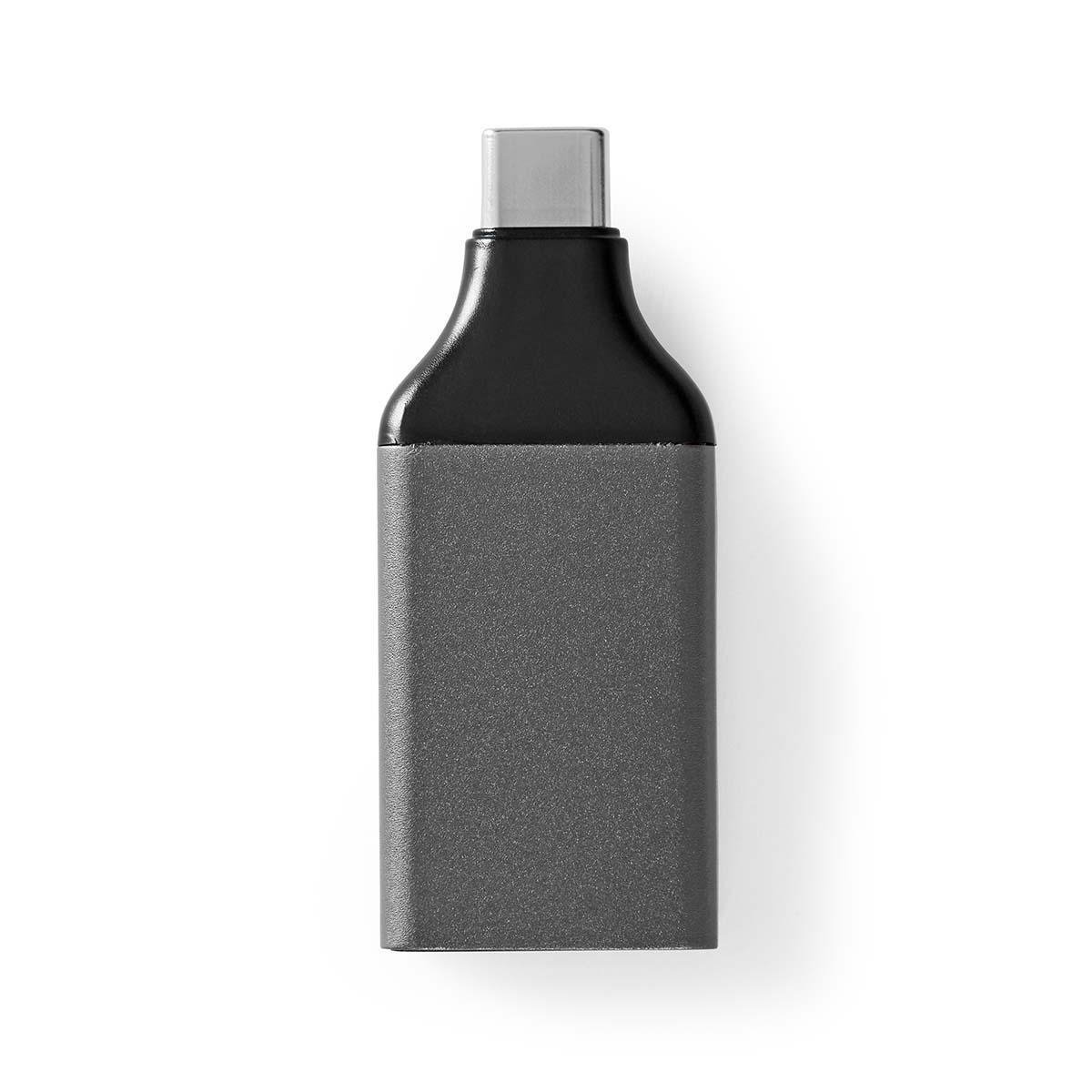 Un adattatore USB-C a USB grigio e nero, corpo rettangolare, con connettore argentato.