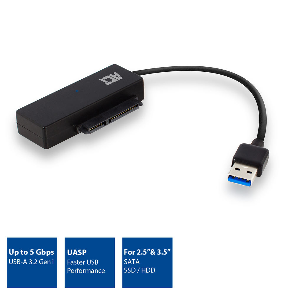 Schwarzer USB-A-zu-SATA-Adapter mit Text.