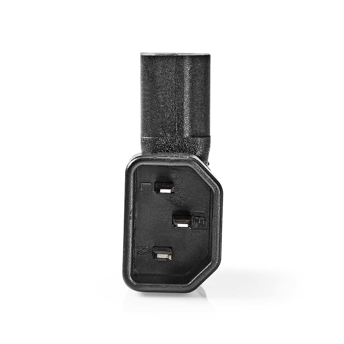 Zwarte voedingsconnector. Heeft drie pinnen en een rechthoekige vorm met een zwarte behuizing.