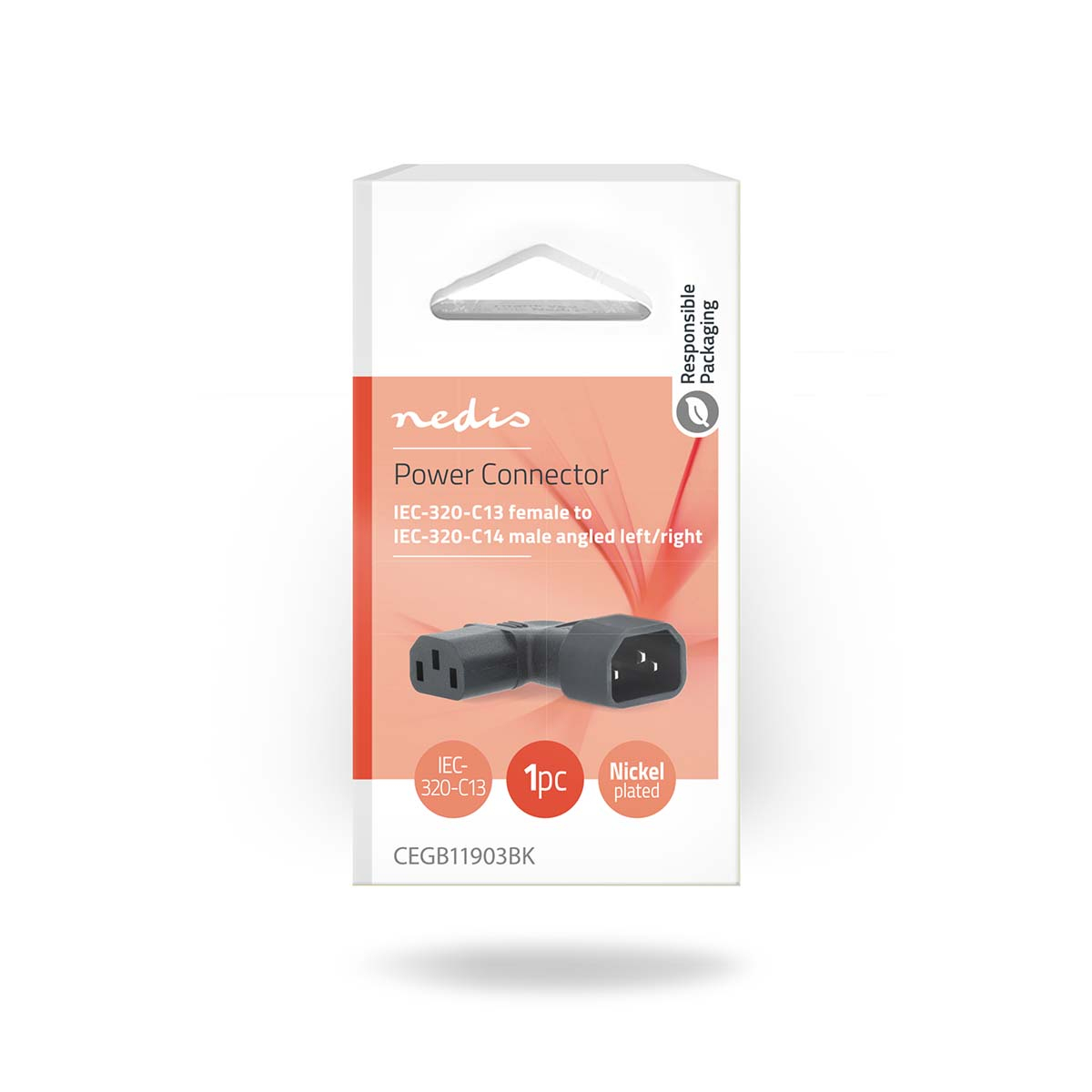 Een stroomconnector in een doos. De doos heeft productdetails en een logo.