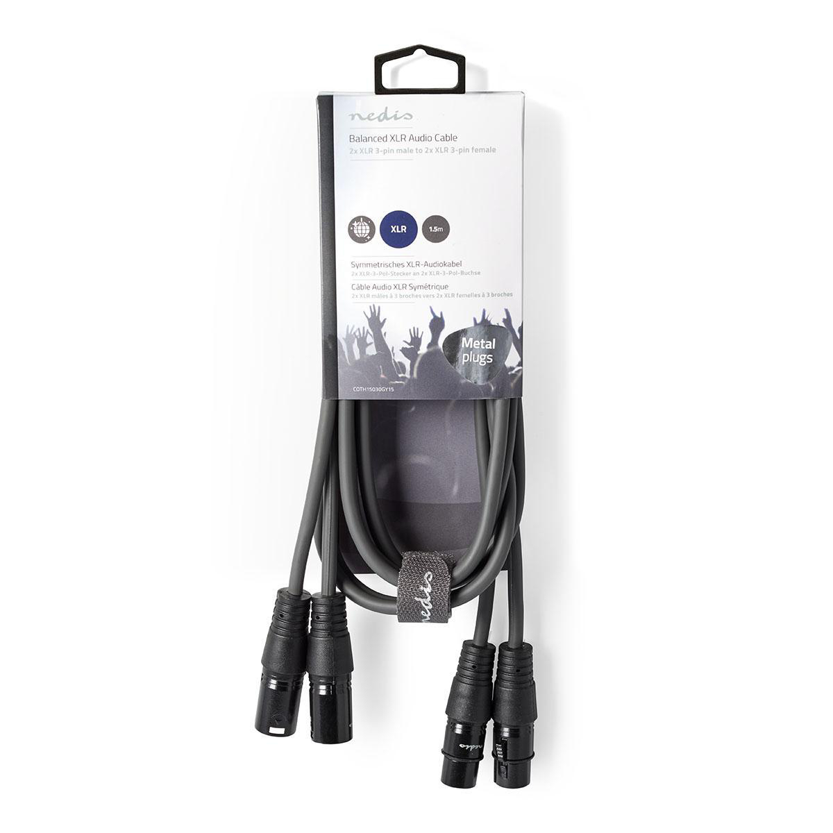 Grijze XLR-audiokabel met zwarte connectoren, in een verpakking met een zwarte handgreep. Witte achtergrond.