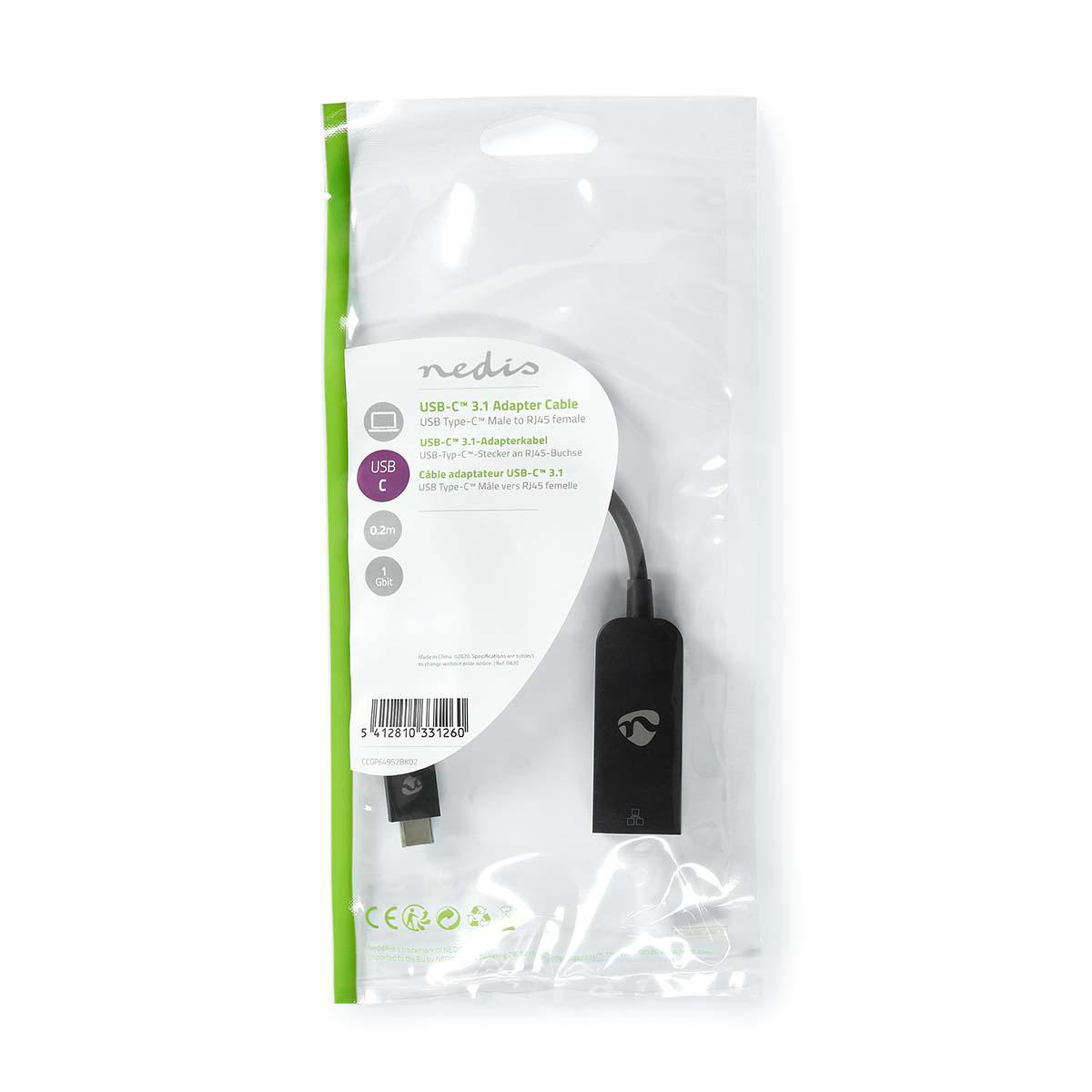 Cavo adattatore da USB-C a RJ45 nero in una confezione trasparente. Include un connettore USB-C maschio e RJ45 femmina.