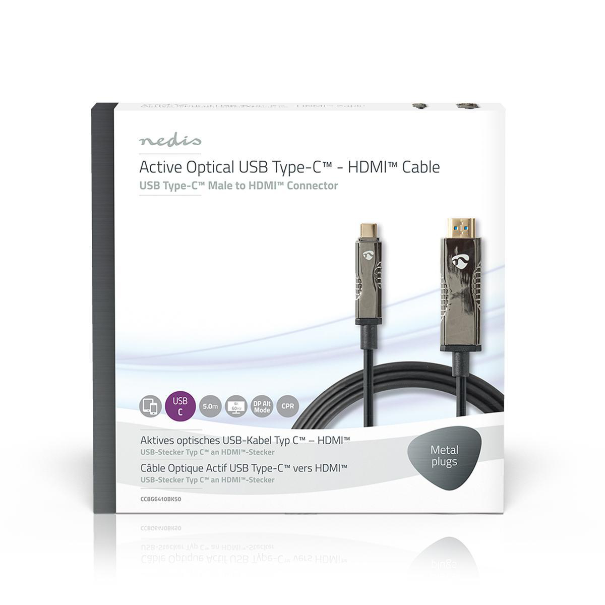 A box for an active optical USB Type-C to HDMI cable. The box is white and black with cable images.