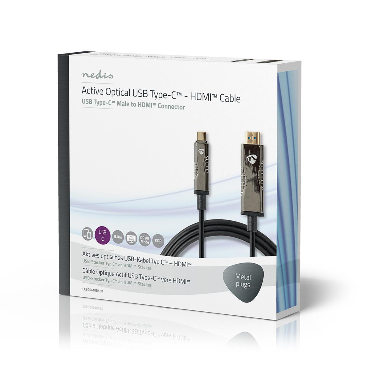 A black and silver USB-C to HDMI cable box. The box says Nedis.