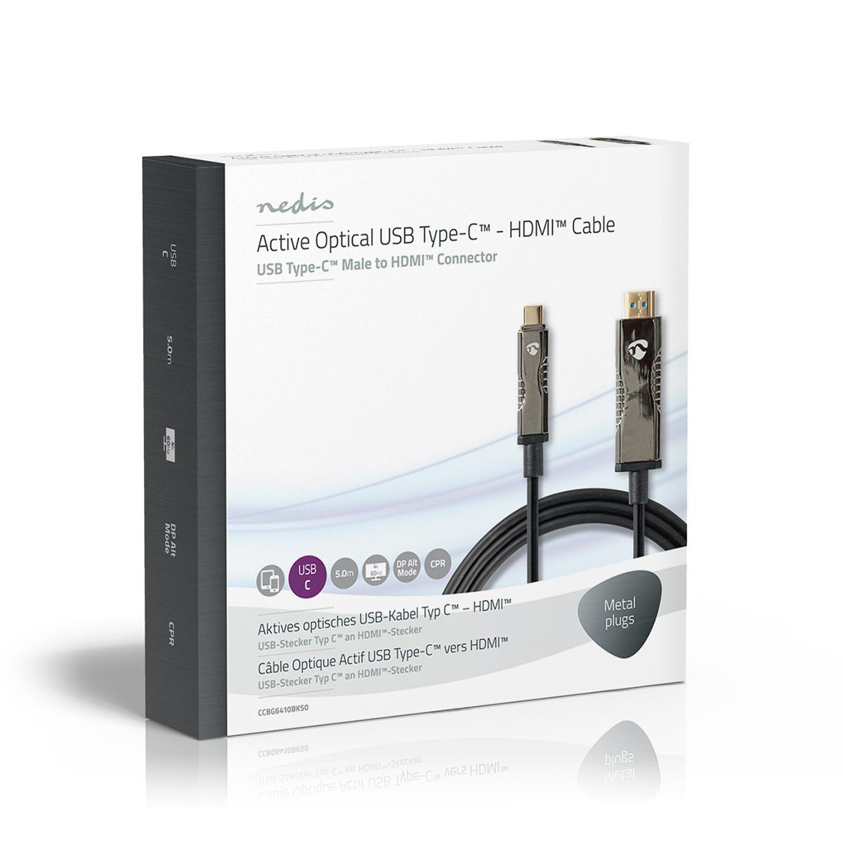 Black USB-C to HDMI cable in a box.