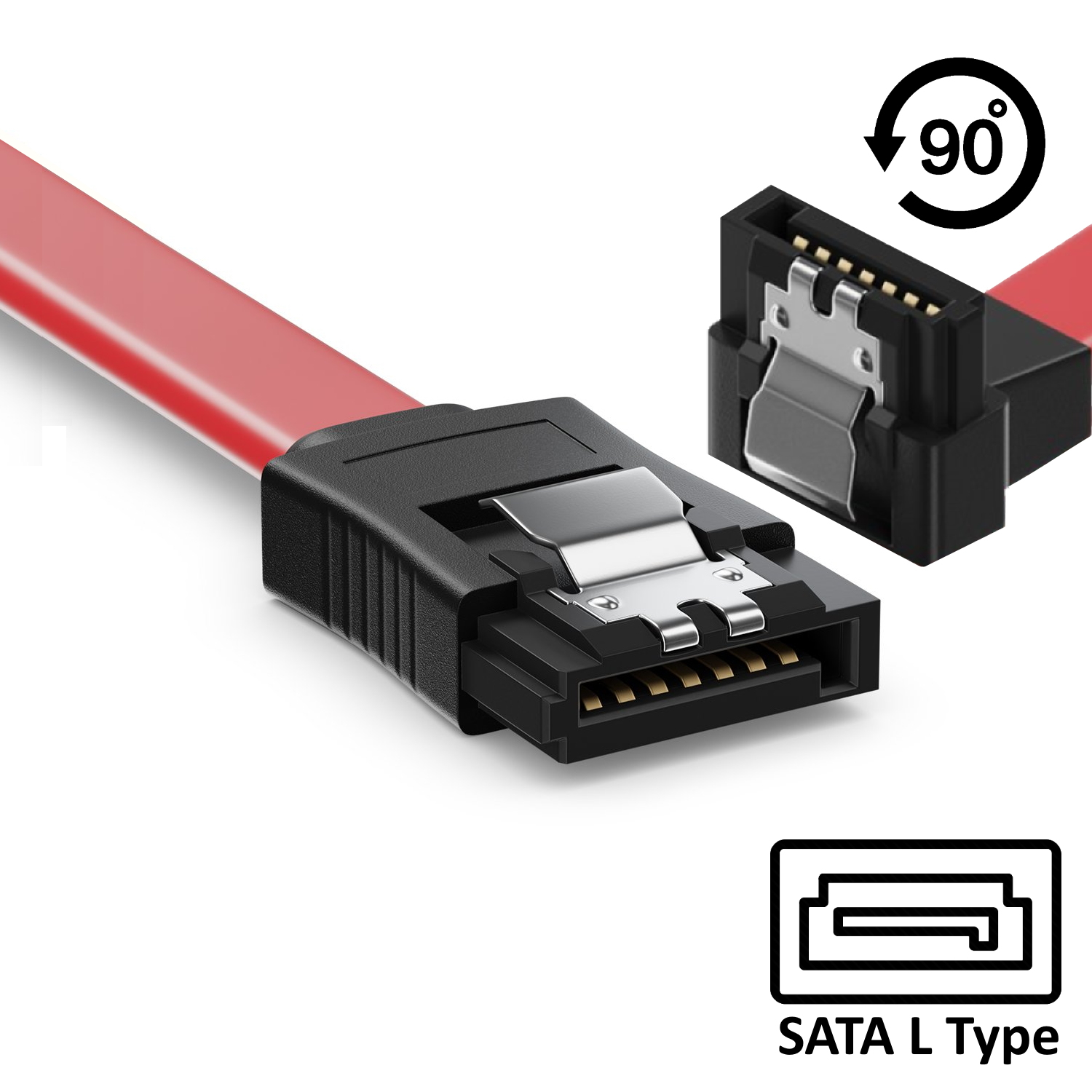 Un cable SATA rojo con conectores negros, un ángulo de 90 grados y una etiqueta que indica SATA L Type.