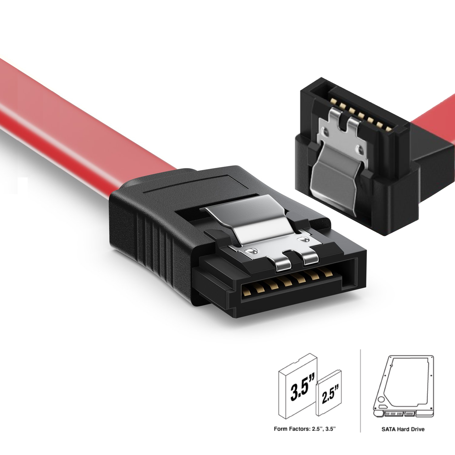 Un cable SATA rojo con conectores negros y un diagrama de los factores de forma del disco duro.