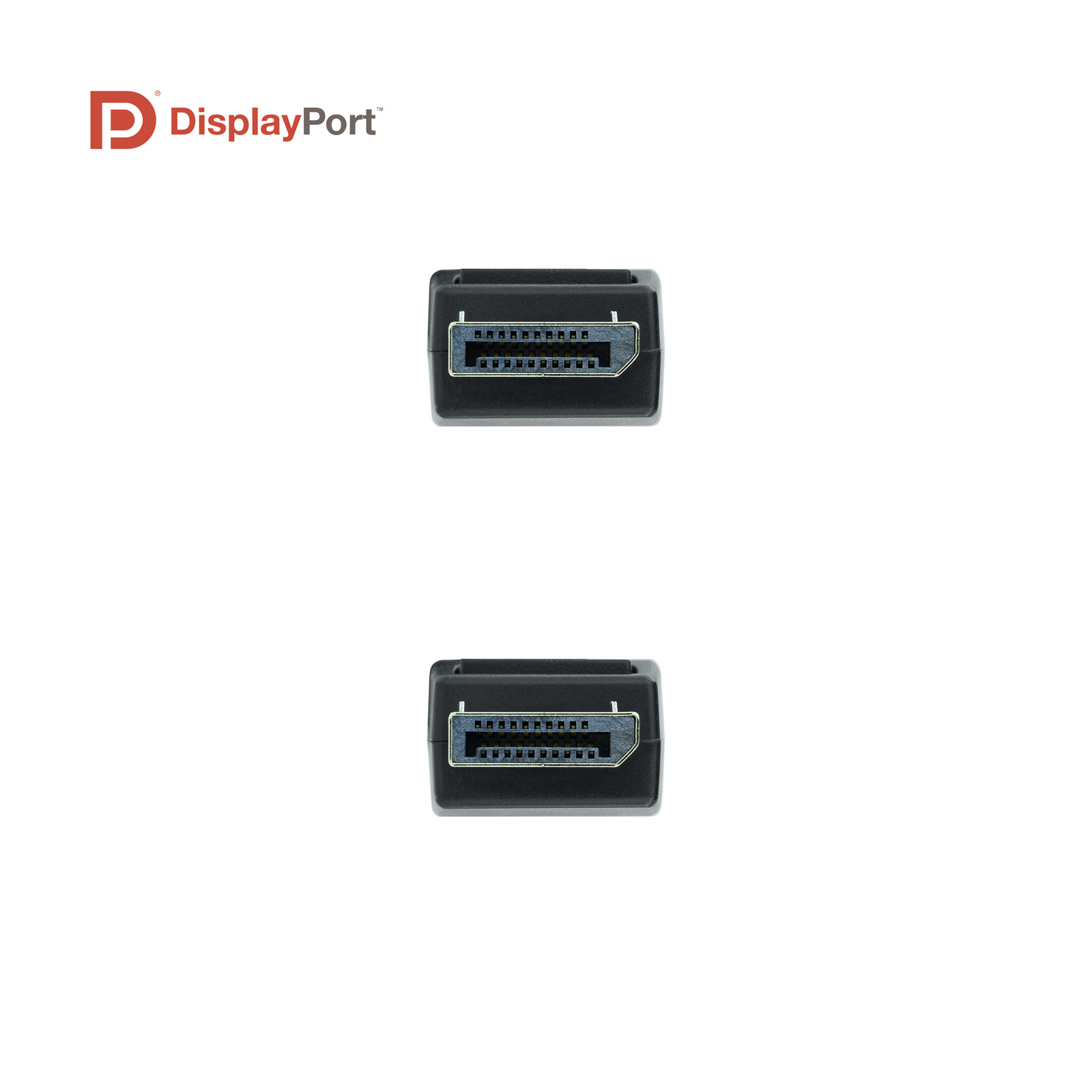 Zwei schwarze DisplayPort-Anschlüsse, die zum Betrachter zeigen, weißer Hintergrund.