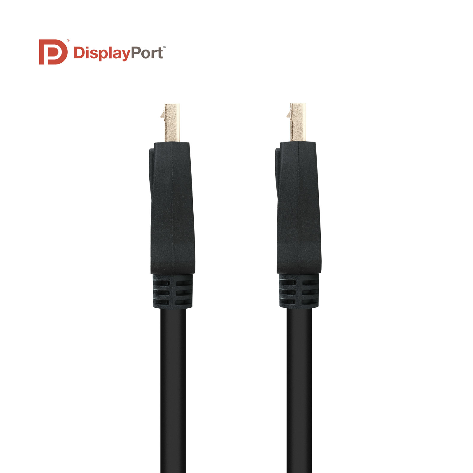 Zwei schwarze DisplayPort-Kabel mit DisplayPort-Logo.