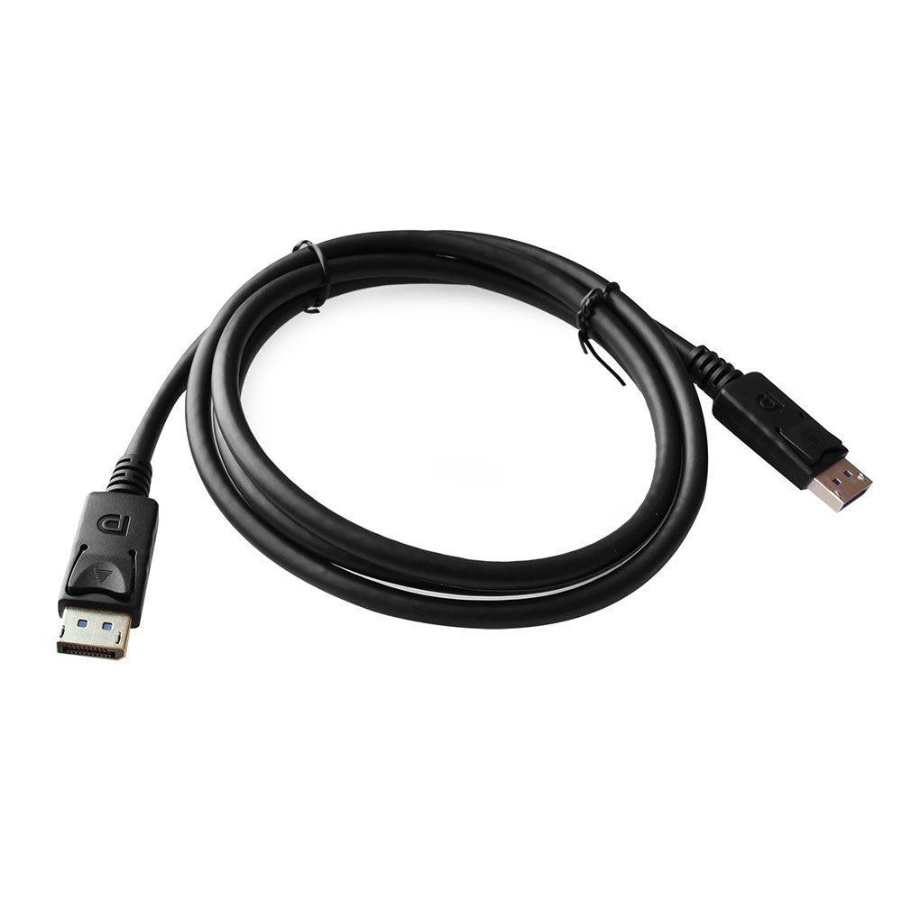 Ein schwarzes DisplayPort-Kabel. Ein Ende hat einen DP-Stecker, das andere einen Standardstecker.