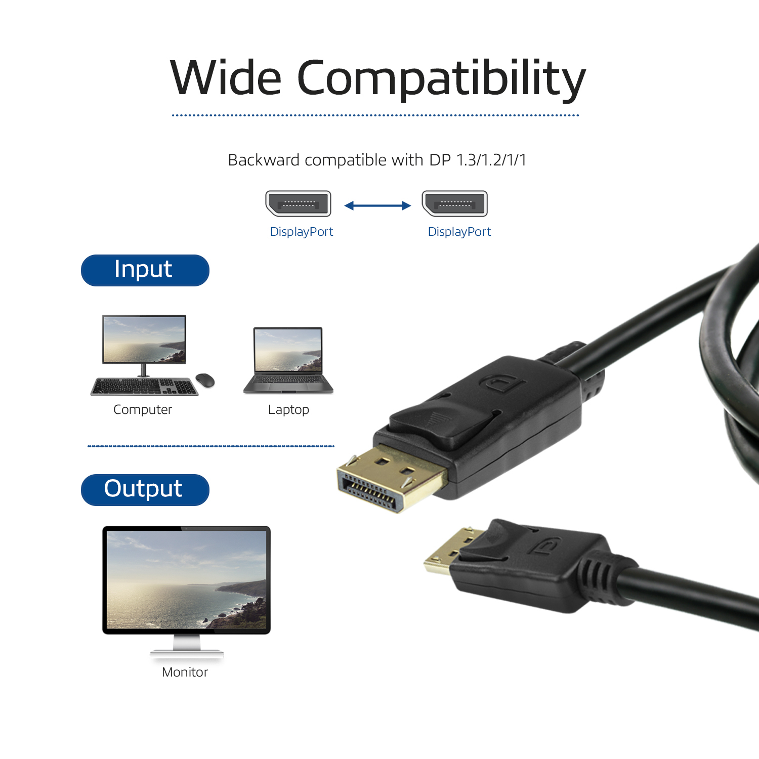 Diagramm, das DisplayPort-Kabelverbindungen zu einem Computer und Monitor zeigt.