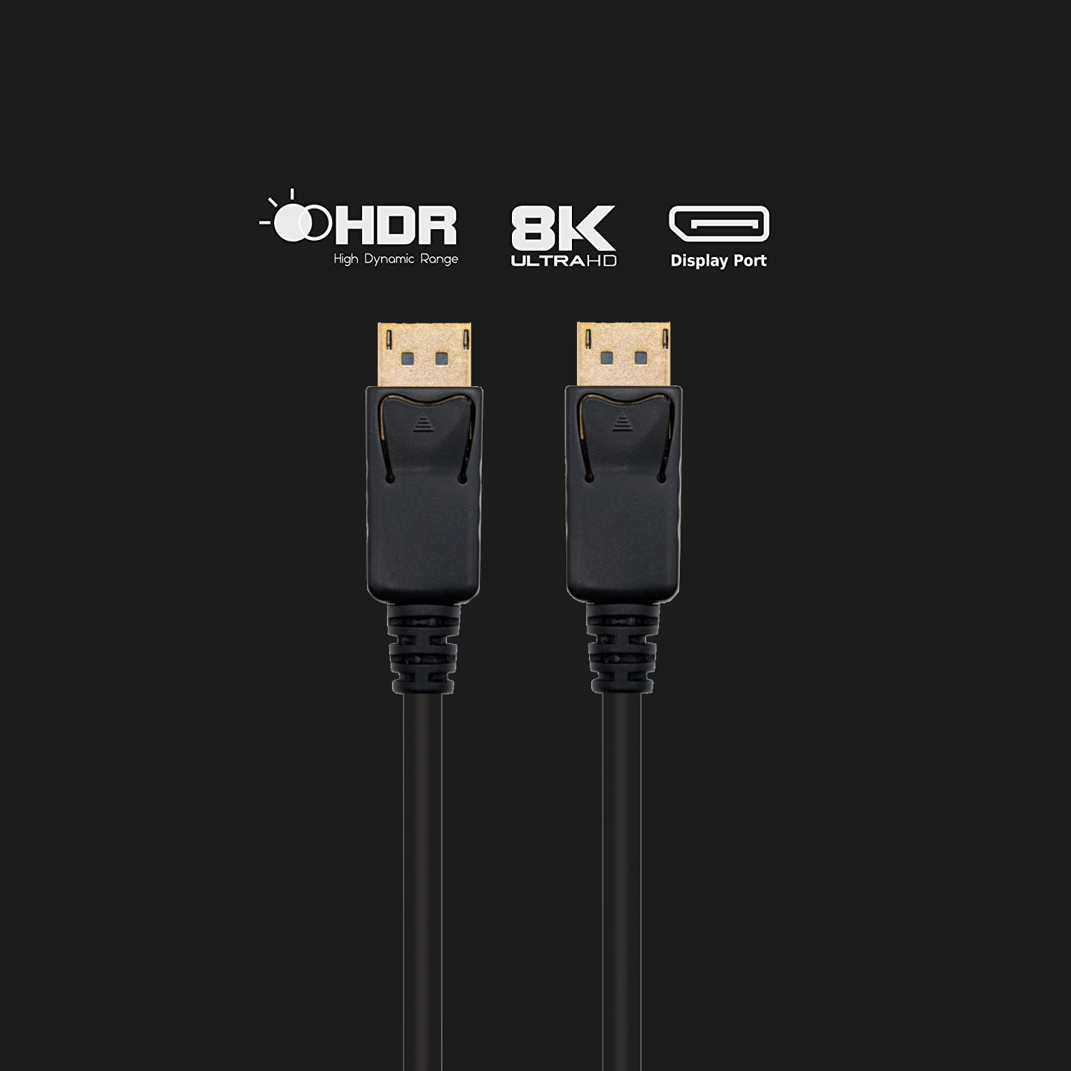 Zwarte DisplayPort kabels en connectoren, met HDR, 8K UltraHD en DisplayPort iconen.