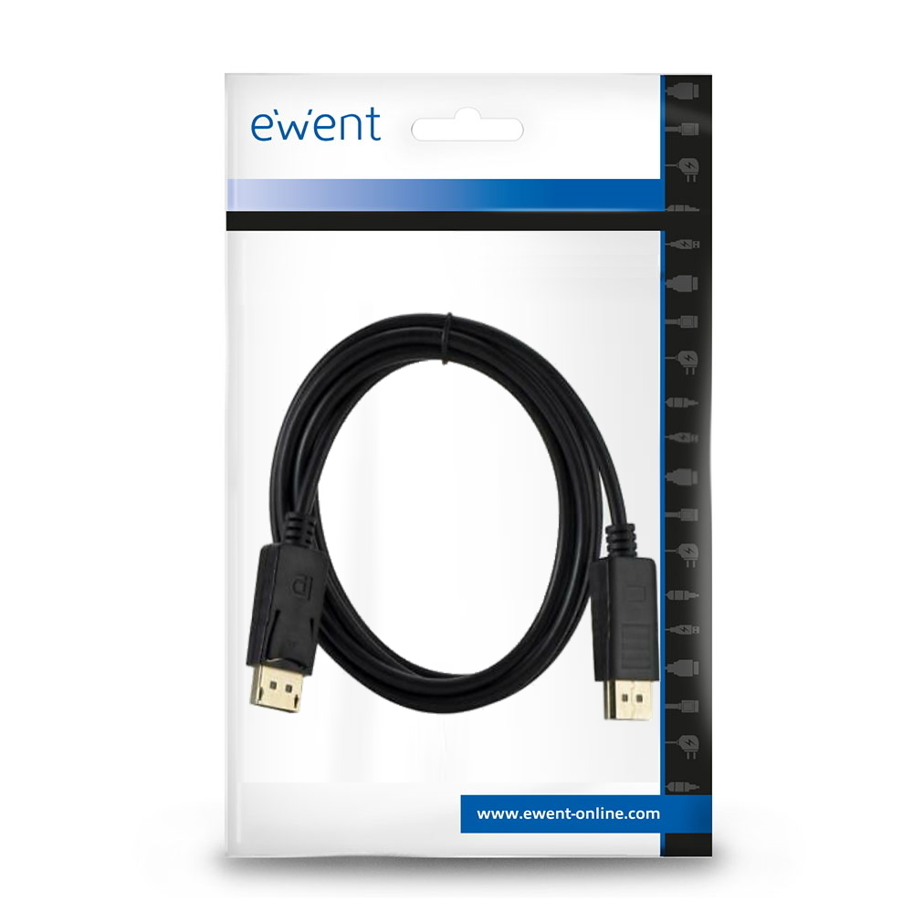 Zwarte DisplayPort-kabel in een witte en blauwe verpakking. De verpakking heeft de merknaam 'ewent'.