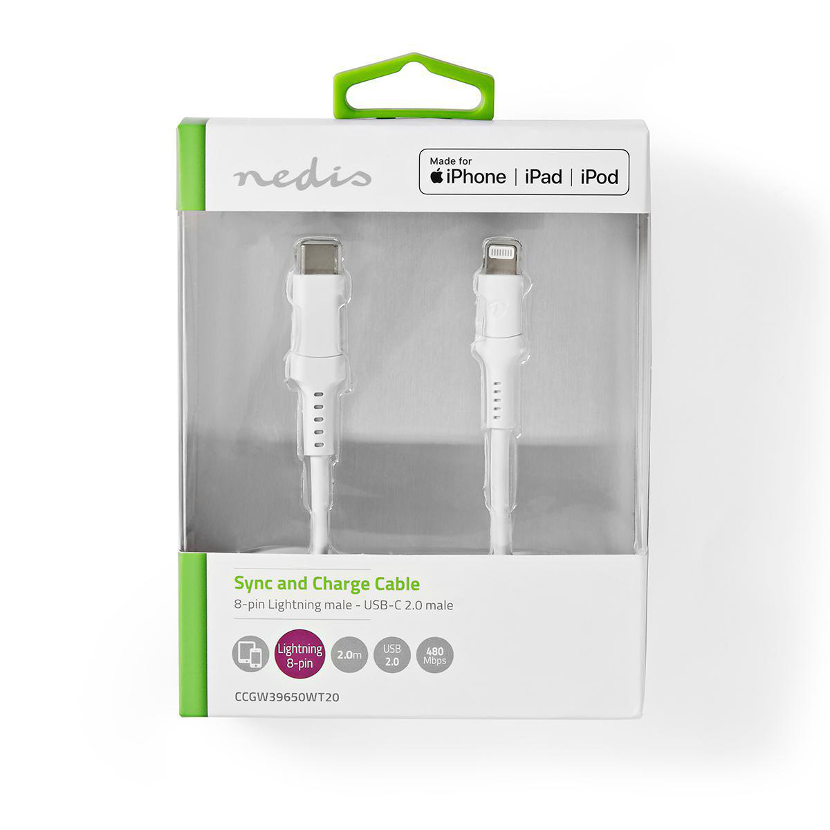 A white and green box with a white cable inside.