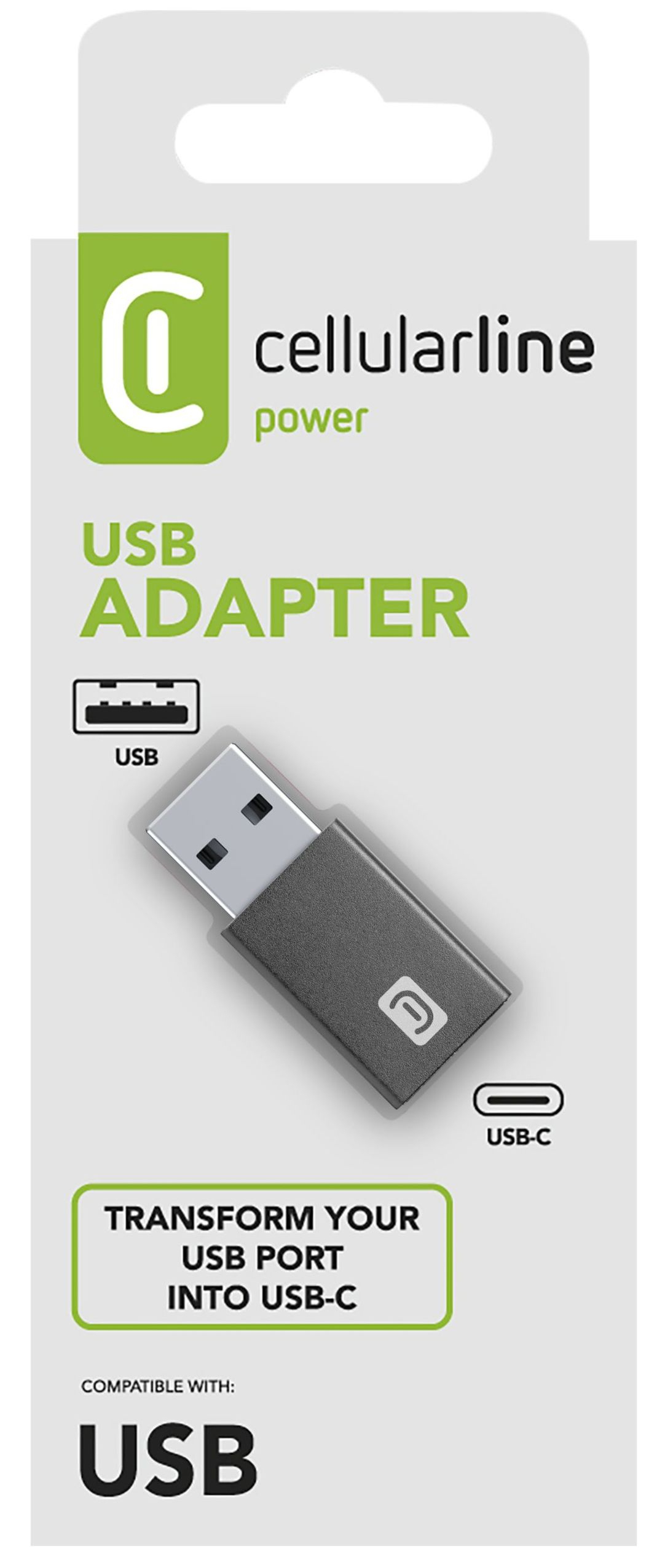 Adaptador USB a USB-C en embalaje con texto y el logotipo de Cellularline.