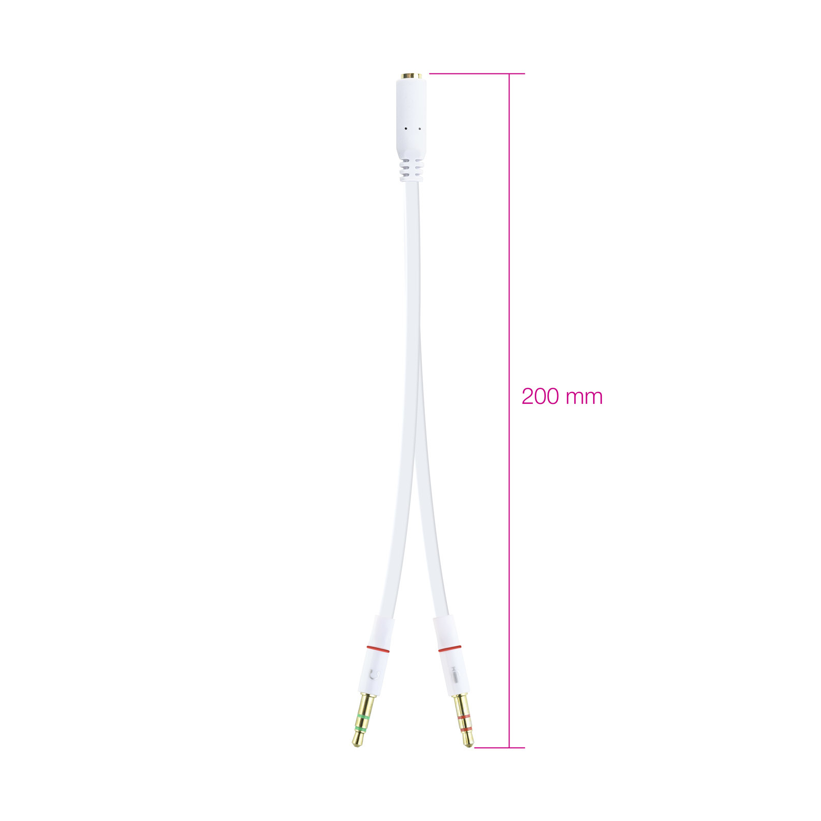 Un cable divisor de audio blanco con dos conectores de 3,5 mm y un solo conector.
