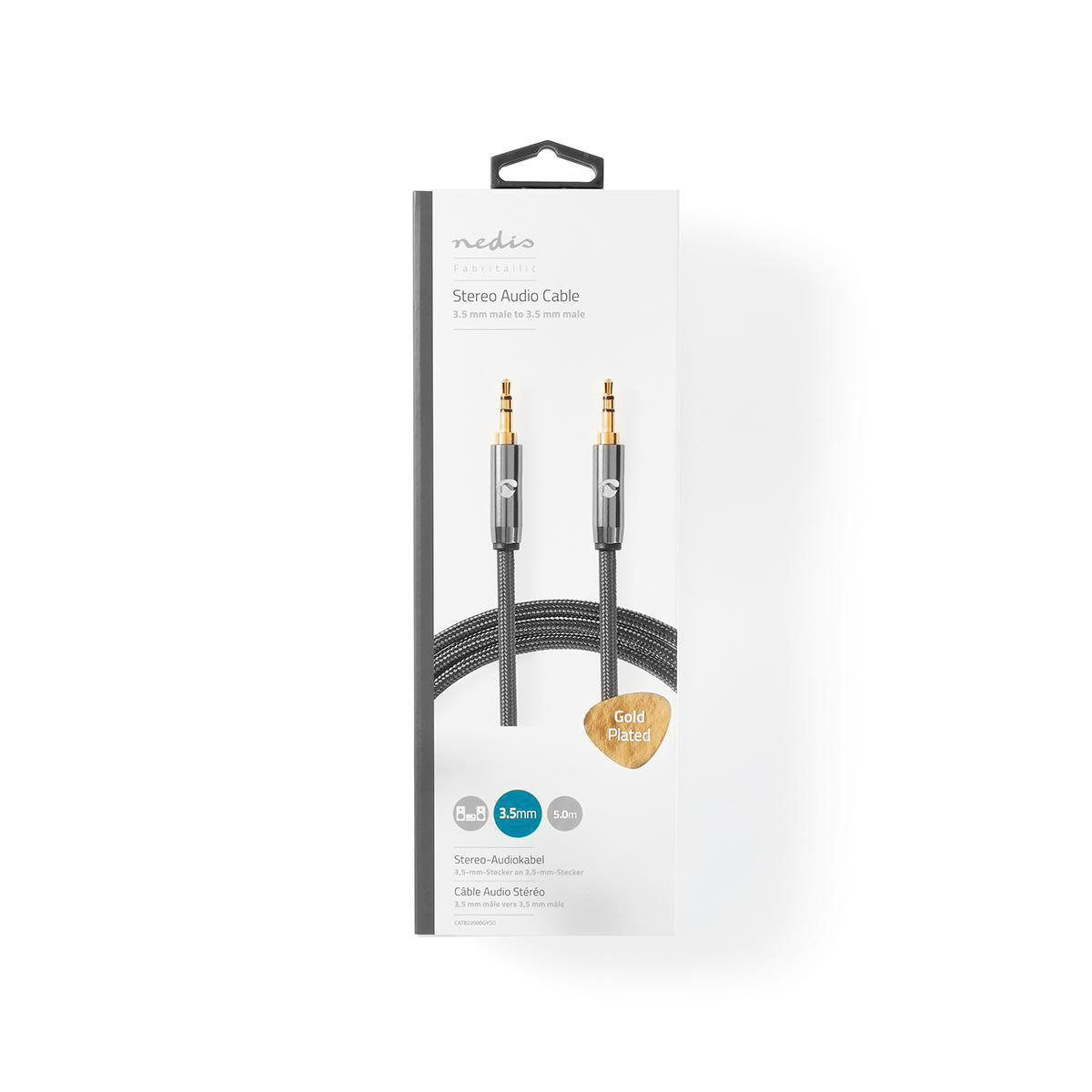 Een stereo audiokabel met vergulde connectoren, verpakt in een witte doos.