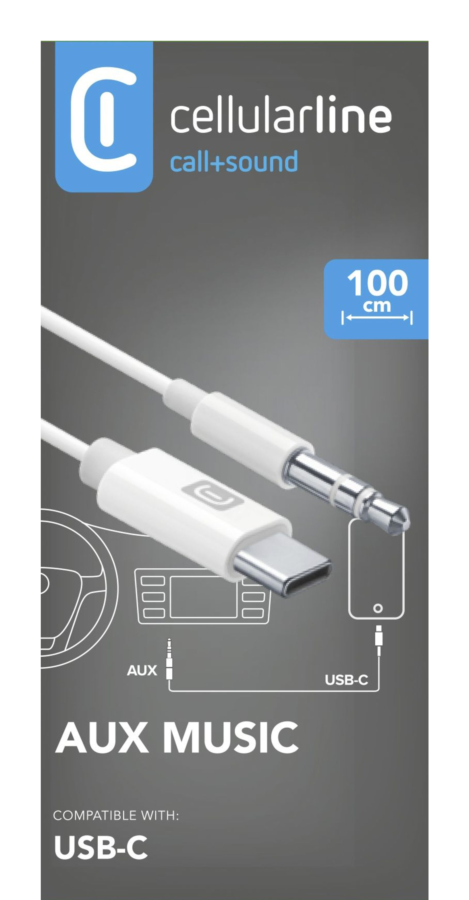 Un cable cellularline call+sound AUX MUSIC, de 100 cm de largo, con conexiones USB-C y AUX, que se muestra en el embalaje.