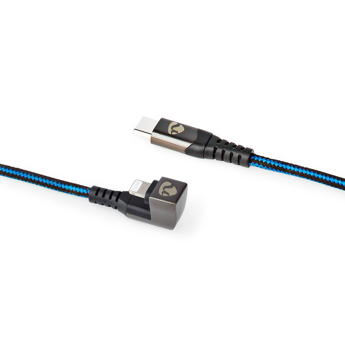 A charging cable with a USB-C and a lightning connector. The cable is black and blue.