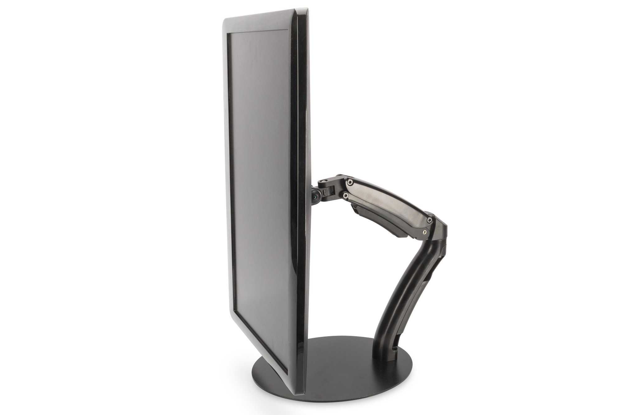 Computer monitor on a black arm stand. White background.